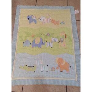 Just One Year Carters Baby Blanket Jungle Safari Animals Quilt Blue Green Yellow